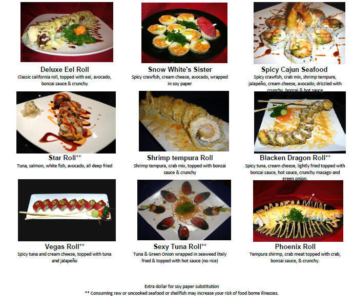 Bonzai Japanese Steak House, Inc., Menu